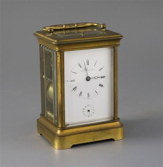 James Walter Marshall. A late 19th century French ormolu cased quarter repeating carriage alarm clock, width 3.75in. depth 3.25in. heig